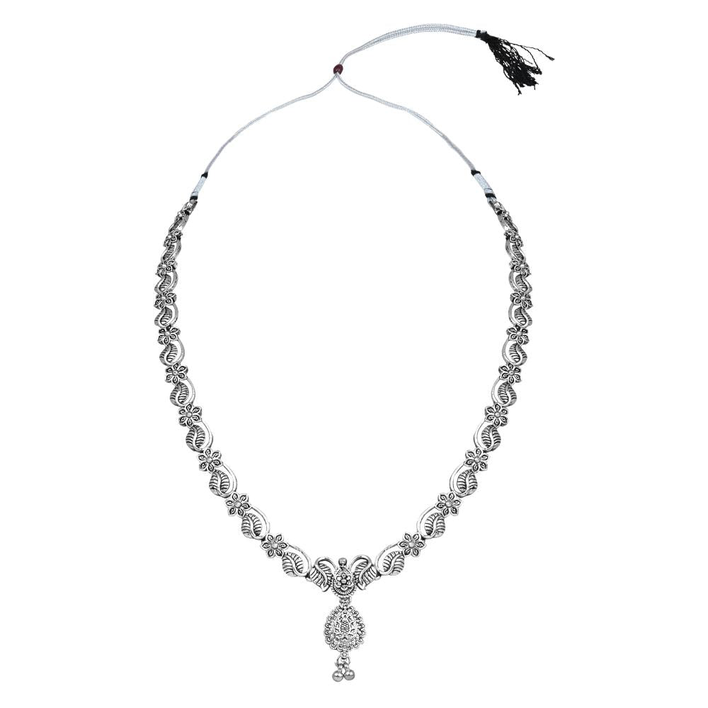 Etnico Ethnic Silver Oxidised Floral Design Ghungroo Long Necklace Jewellery With Jhumka Earrings Set For Women/Girls (MC171OX)