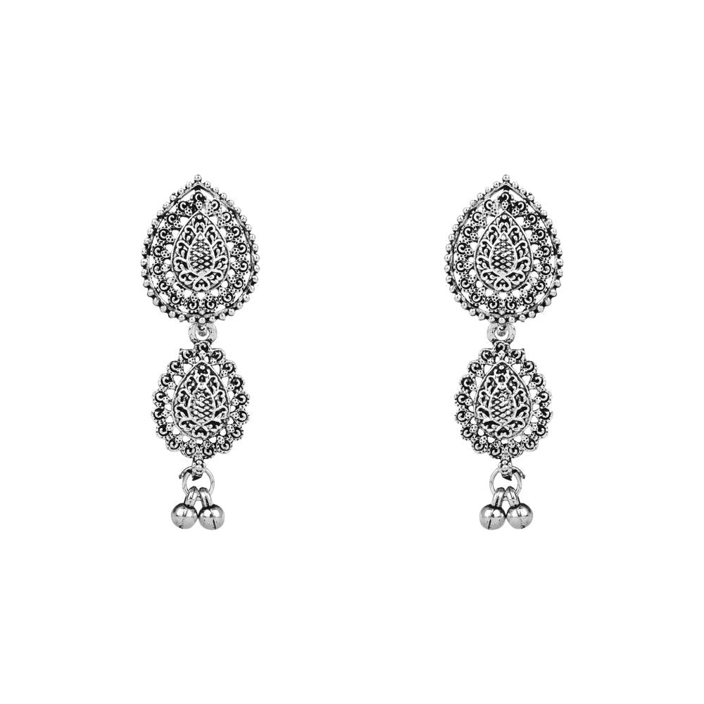 Etnico Ethnic Silver Oxidised Floral Design Ghungroo Long Necklace Jewellery With Jhumka Earrings Set For Women/Girls (MC171OX)