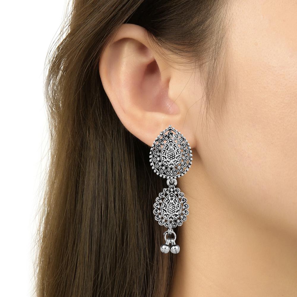 Etnico Ethnic Silver Oxidised Floral Design Ghungroo Long Necklace Jewellery With Jhumka Earrings Set For Women/Girls (MC171OX)