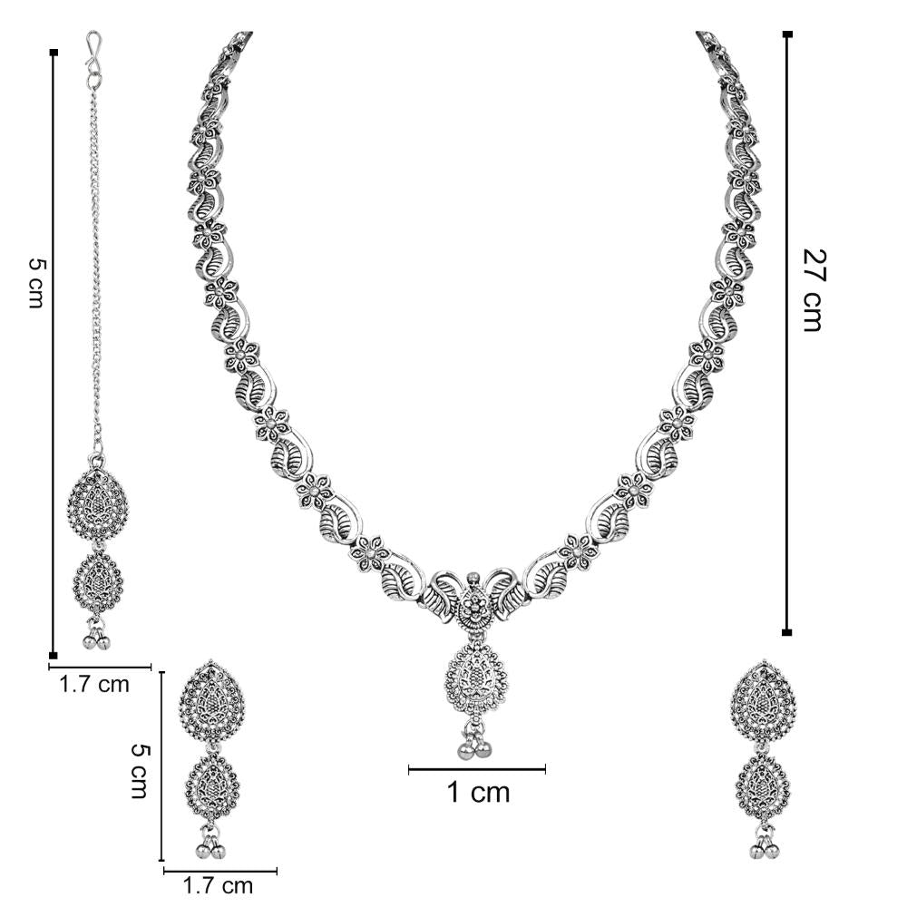Etnico Ethnic Silver Oxidised Floral Design Ghungroo Long Necklace Jewellery With Jhumka Earrings Set For Women/Girls (MC171OX)