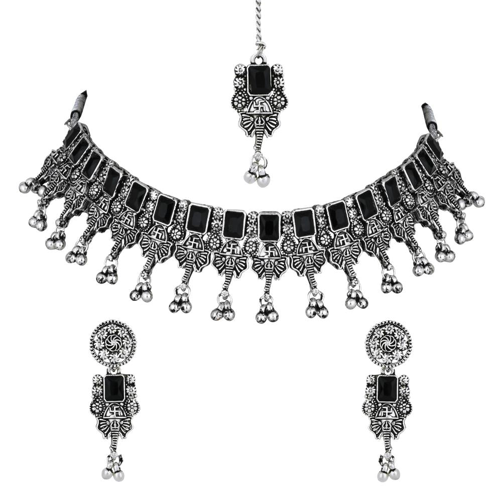 Etnico Boho Silver Oxidised Choker Necklace With Earrings & Maang Tikka Set (MC181ZB)