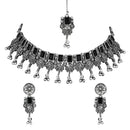 Etnico Boho Silver Oxidised Choker Necklace With Earrings & Maang Tikka Set (MC181ZB)