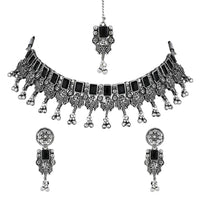 Etnico Boho Silver Oxidised Choker Necklace With Earrings & Maang Tikka Set (MC181ZB)