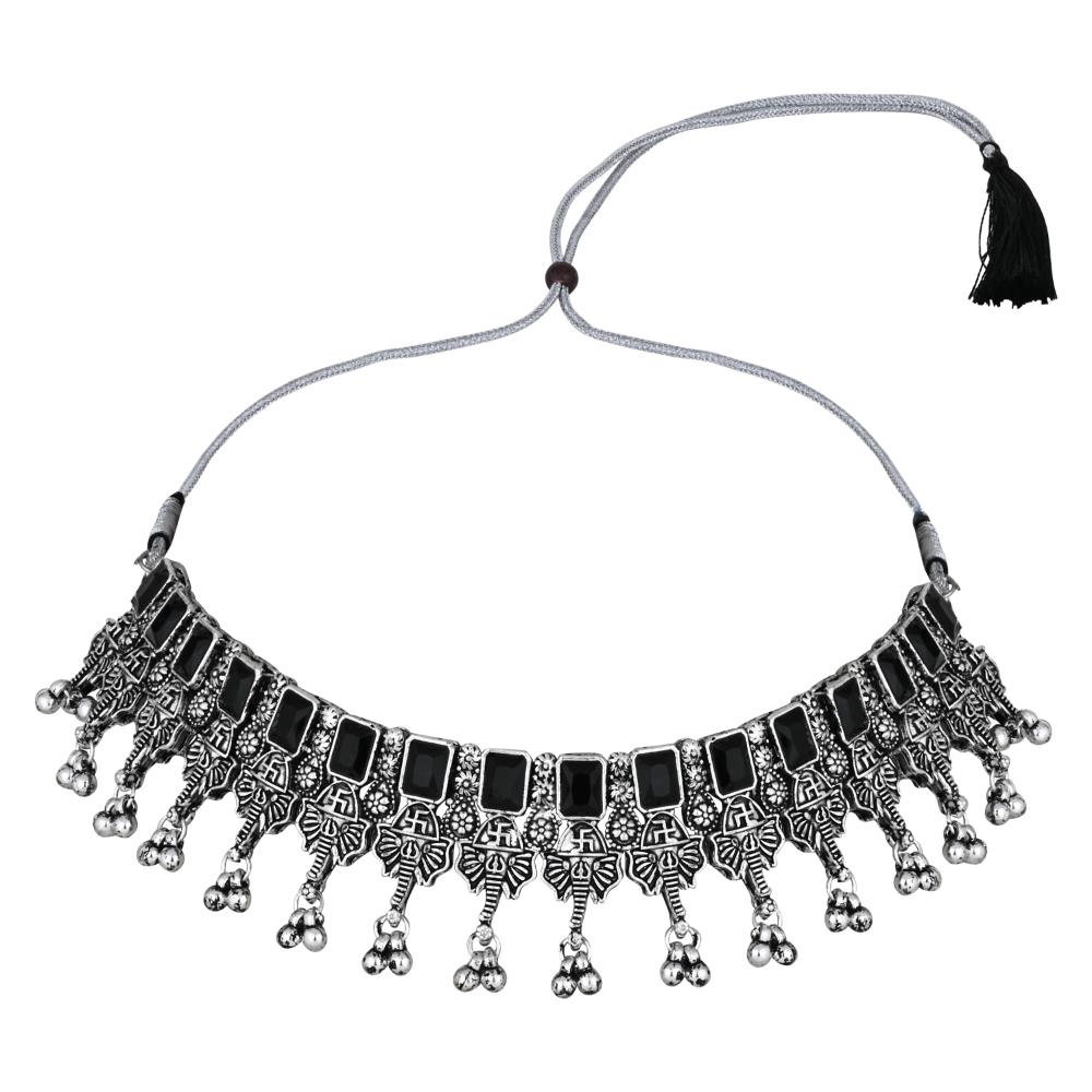 Etnico Boho Silver Oxidised Choker Necklace With Earrings & Maang Tikka Set (MC181ZB)
