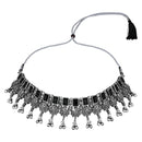 Etnico Boho Silver Oxidised Choker Necklace With Earrings & Maang Tikka Set (MC181ZB)