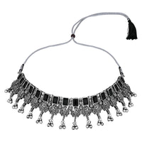 Etnico Boho Silver Oxidised Choker Necklace With Earrings & Maang Tikka Set (MC181ZB)