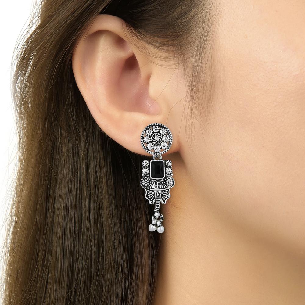 Etnico Boho Silver Oxidised Choker Necklace With Earrings & Maang Tikka Set (MC181ZB)