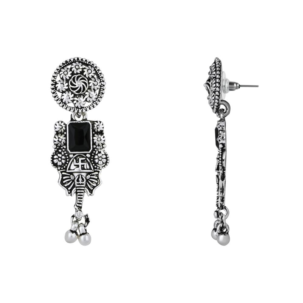 Etnico Boho Silver Oxidised Choker Necklace With Earrings & Maang Tikka Set (MC181ZB)