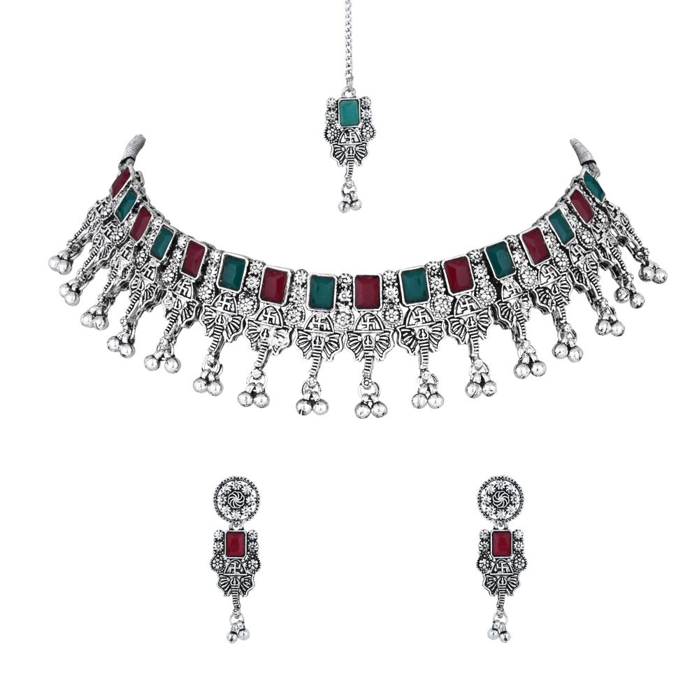 Etnico Boho Silver Oxidised Choker Necklace With Earrings & Maang Tikka Set (MC181ZMG)