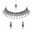 Etnico Boho Silver Oxidised Choker Necklace With Earrings & Maang Tikka Set (MC181ZMG)