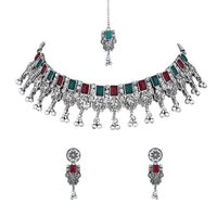 Etnico Boho Silver Oxidised Choker Necklace With Earrings & Maang Tikka Set (MC181ZMG)