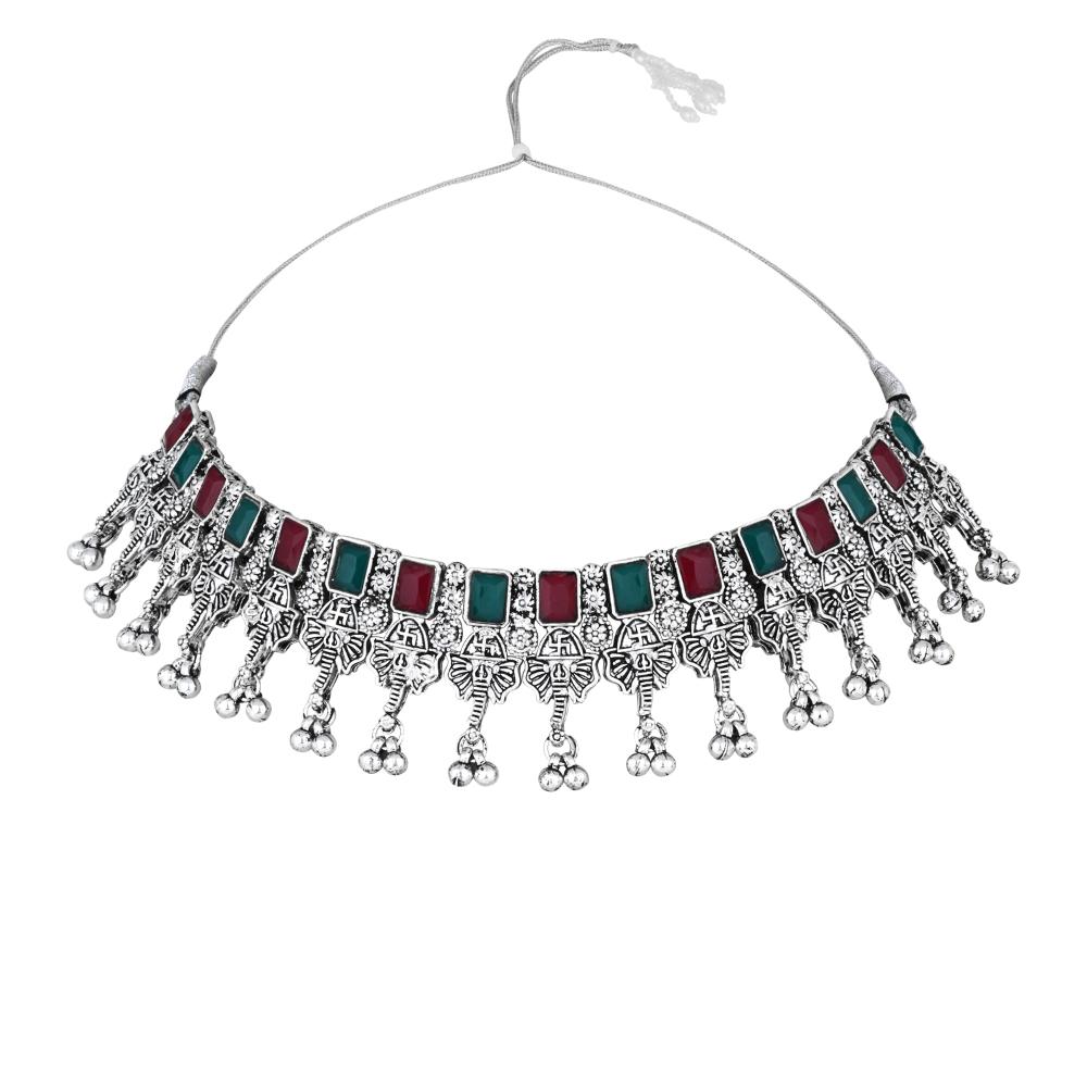Etnico Boho Silver Oxidised Choker Necklace With Earrings & Maang Tikka Set (MC181ZMG)