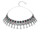 Etnico Boho Silver Oxidised Choker Necklace With Earrings & Maang Tikka Set (MC181ZMG)