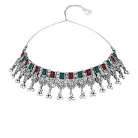 Etnico Boho Silver Oxidised Choker Necklace With Earrings & Maang Tikka Set (MC181ZMG)