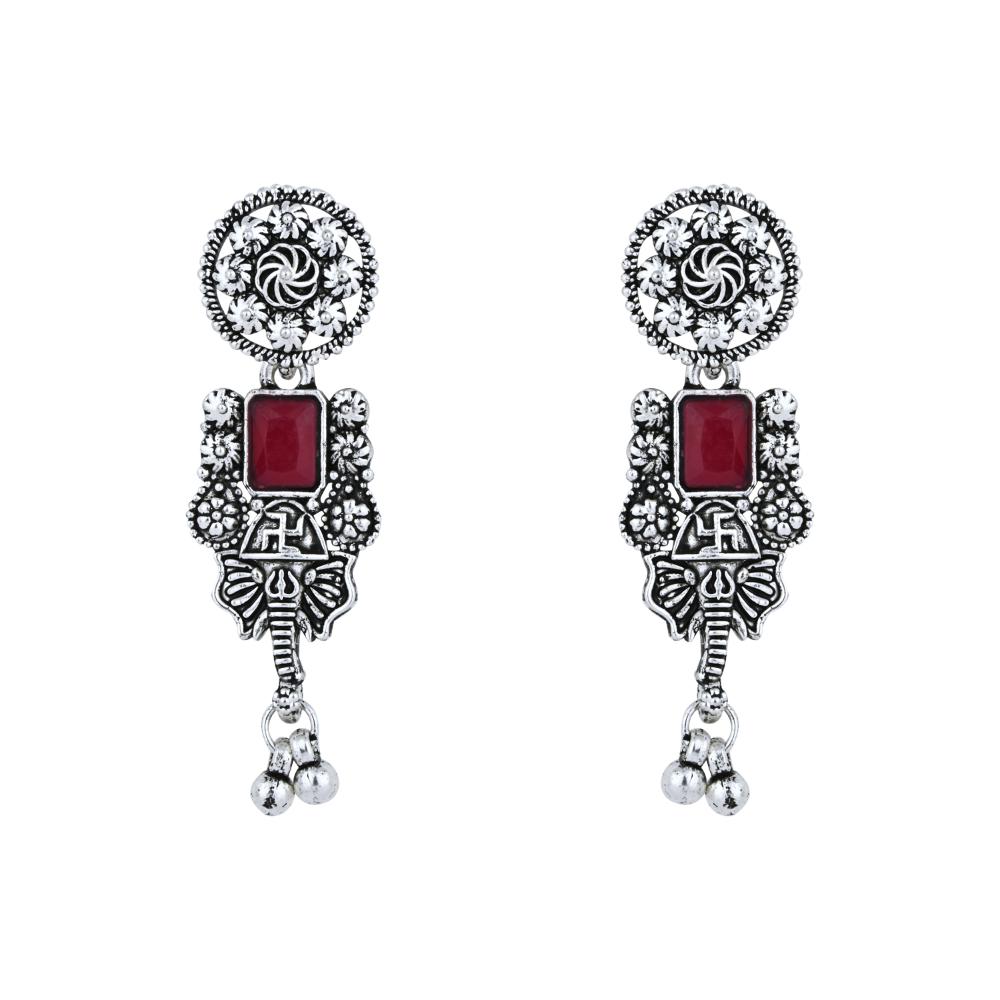 Etnico Boho Silver Oxidised Choker Necklace With Earrings & Maang Tikka Set (MC181ZMG)