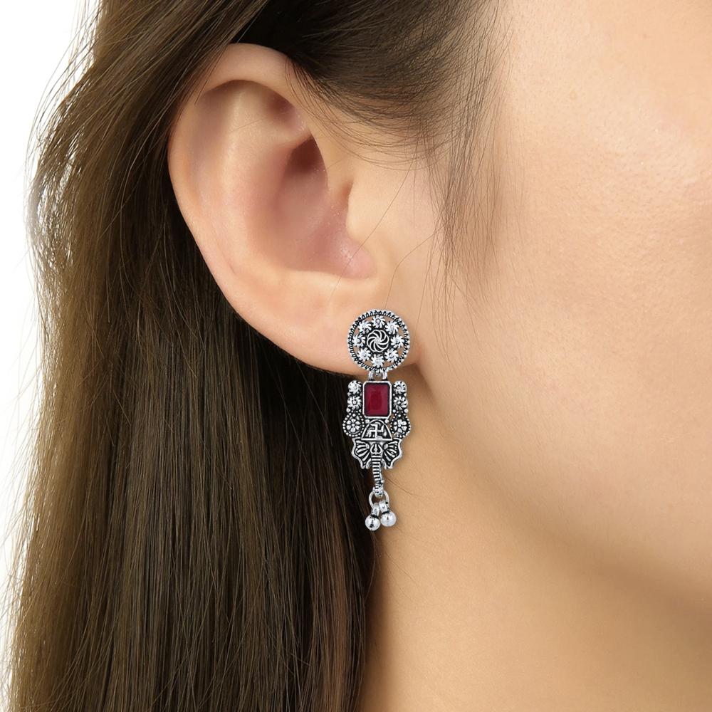 Etnico Boho Silver Oxidised Choker Necklace With Earrings & Maang Tikka Set (MC181ZMG)