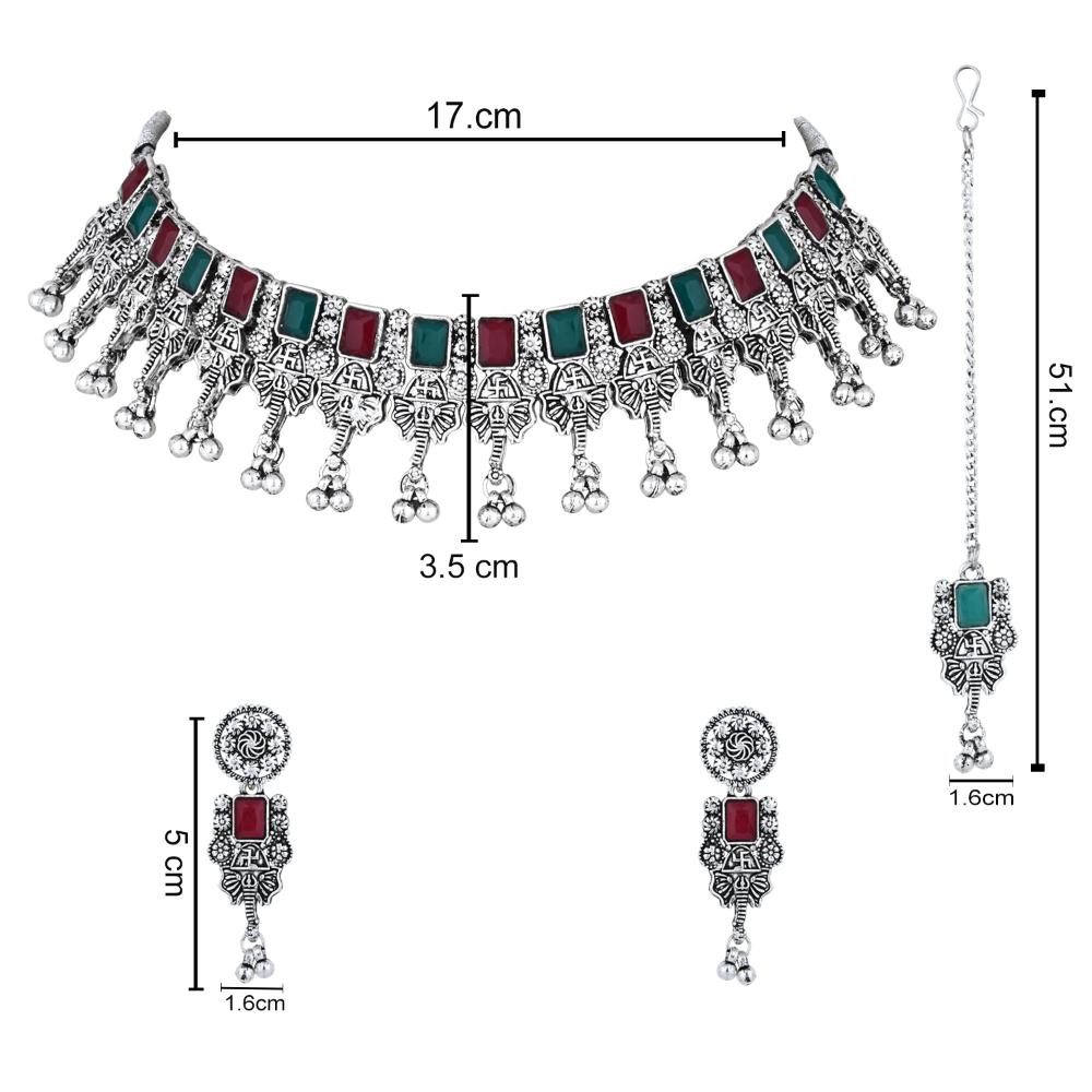 Etnico Boho Silver Oxidised Choker Necklace With Earrings & Maang Tikka Set (MC181ZMG)