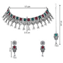 Etnico Boho Silver Oxidised Choker Necklace With Earrings & Maang Tikka Set (MC181ZMG)