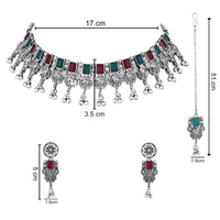 Etnico Boho Silver Oxidised Choker Necklace With Earrings & Maang Tikka Set (MC181ZMG)