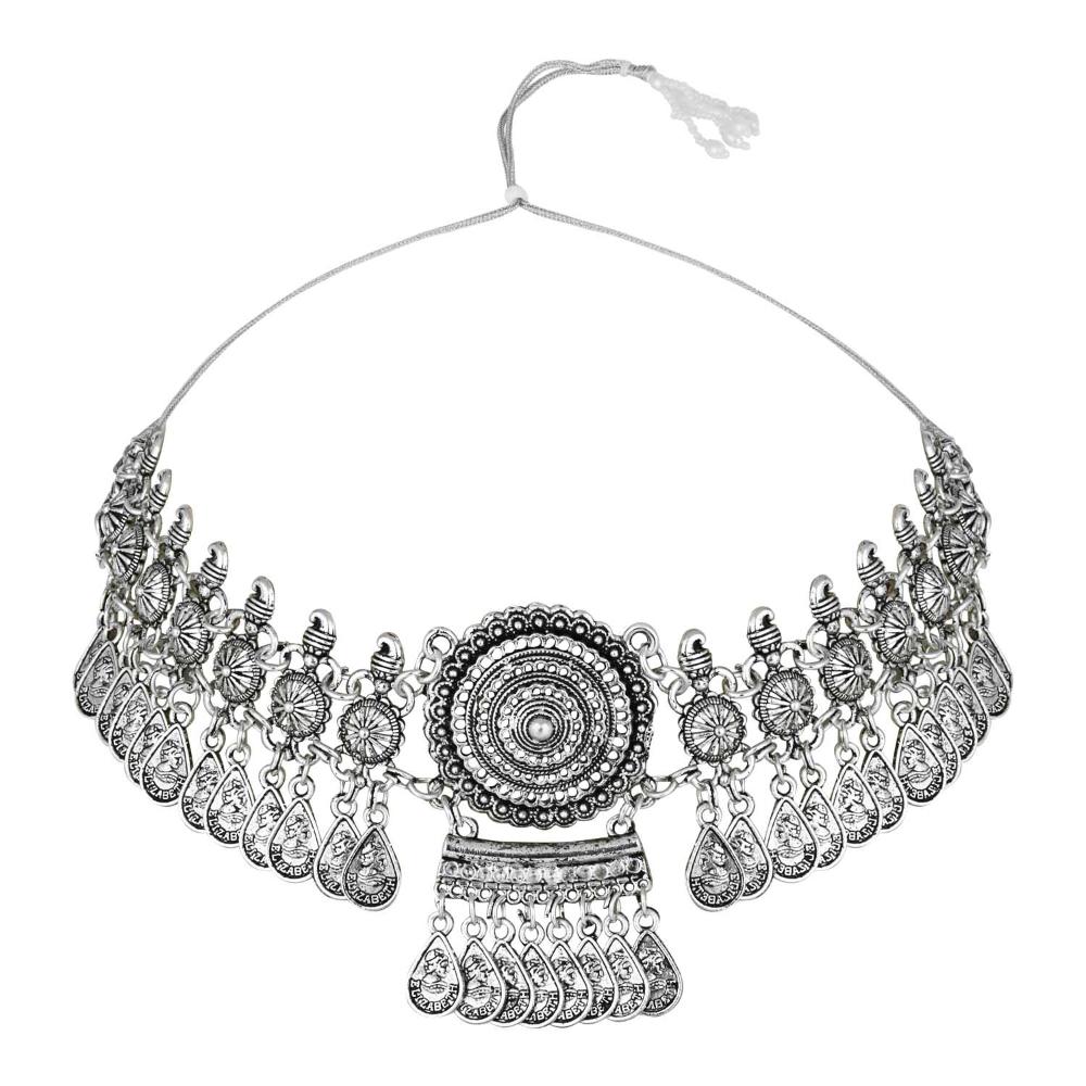Etnico Silver Oxidised Afghani Choker Necklace & Earrings Set For Women (MC192OX)