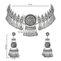 Etnico Silver Oxidised Afghani Choker Necklace & Earrings Set For Women (MC192OX)