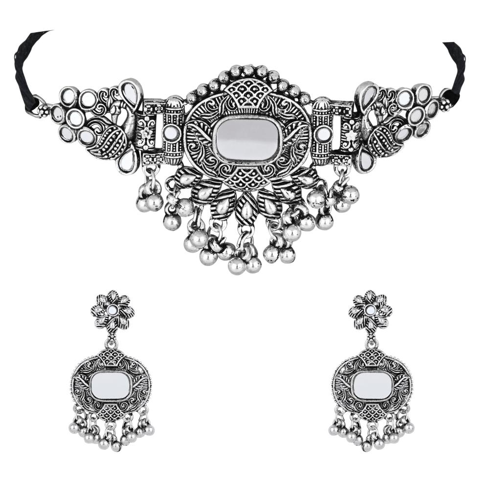 Etnico Silver Oxidised Afghani Mirror Work Choker Necklace & Earrings Set For Women (MC196OX)
