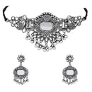 Etnico Silver Oxidised Afghani Mirror Work Choker Necklace & Earrings Set For Women (MC196OX)