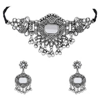 Etnico Silver Oxidised Afghani Mirror Work Choker Necklace & Earrings Set For Women (MC196OX)