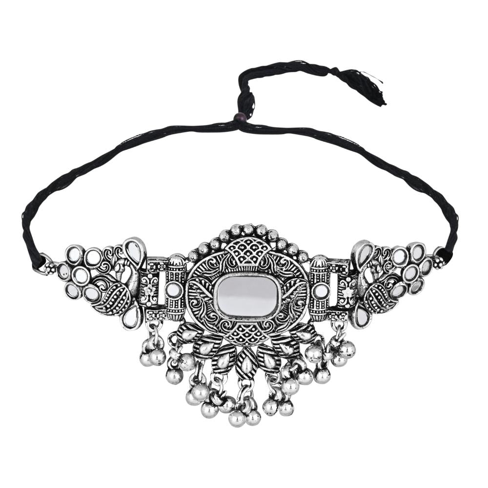 Etnico Silver Oxidised Afghani Mirror Work Choker Necklace & Earrings Set For Women (MC196OX)