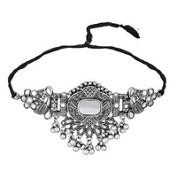 Etnico Silver Oxidised Afghani Mirror Work Choker Necklace & Earrings Set For Women (MC196OX)