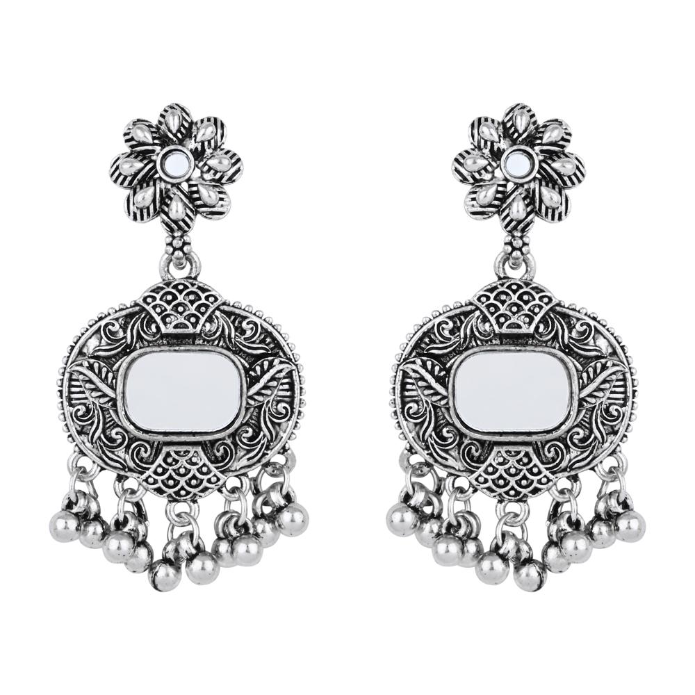 Etnico Silver Oxidised Afghani Mirror Work Choker Necklace & Earrings Set For Women (MC196OX)