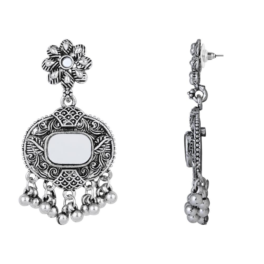 Etnico Silver Oxidised Afghani Mirror Work Choker Necklace & Earrings Set For Women (MC196OX)