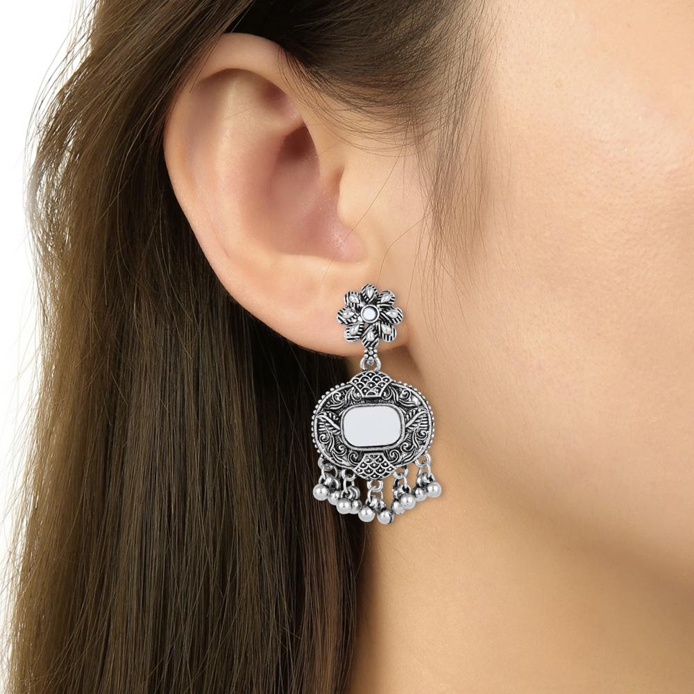 Etnico Silver Oxidised Afghani Mirror Work Choker Necklace & Earrings Set For Women (MC196OX)