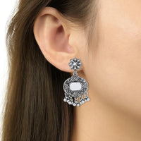 Etnico Silver Oxidised Afghani Mirror Work Choker Necklace & Earrings Set For Women (MC196OX)