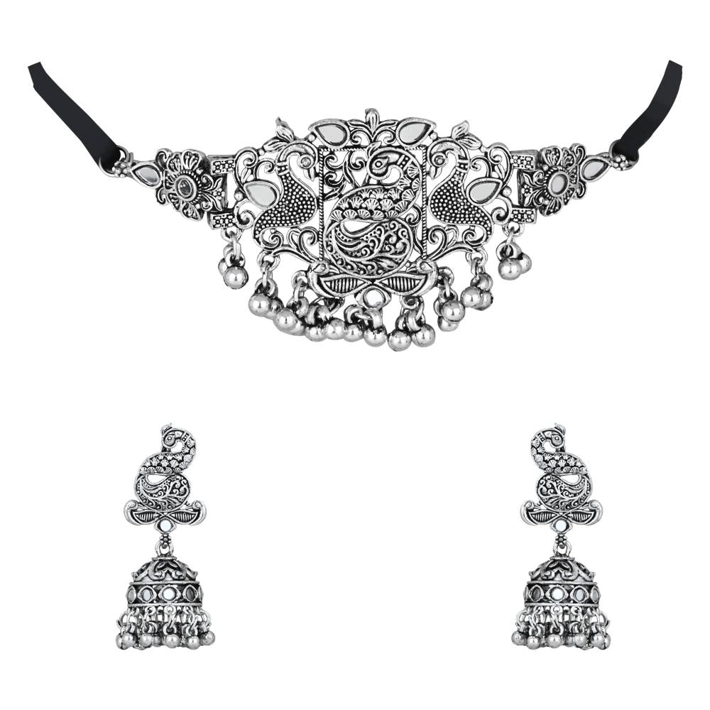 Etnico Silver Oxidised Afghani Mirror Work Choker Necklace & Earrings Set For Women (MC198OX)