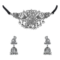 Etnico Silver Oxidised Afghani Mirror Work Choker Necklace & Earrings Set For Women (MC198OX)
