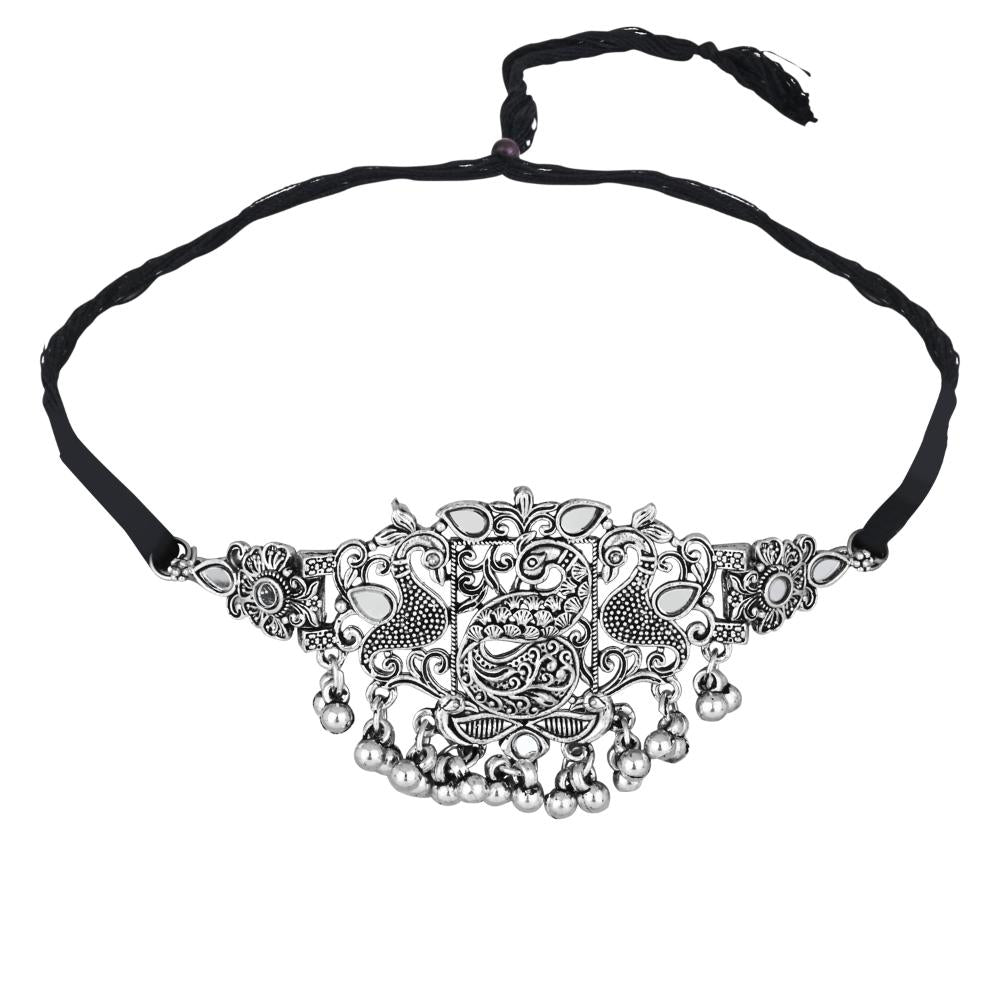 Etnico Silver Oxidised Afghani Mirror Work Choker Necklace & Earrings Set For Women (MC198OX)