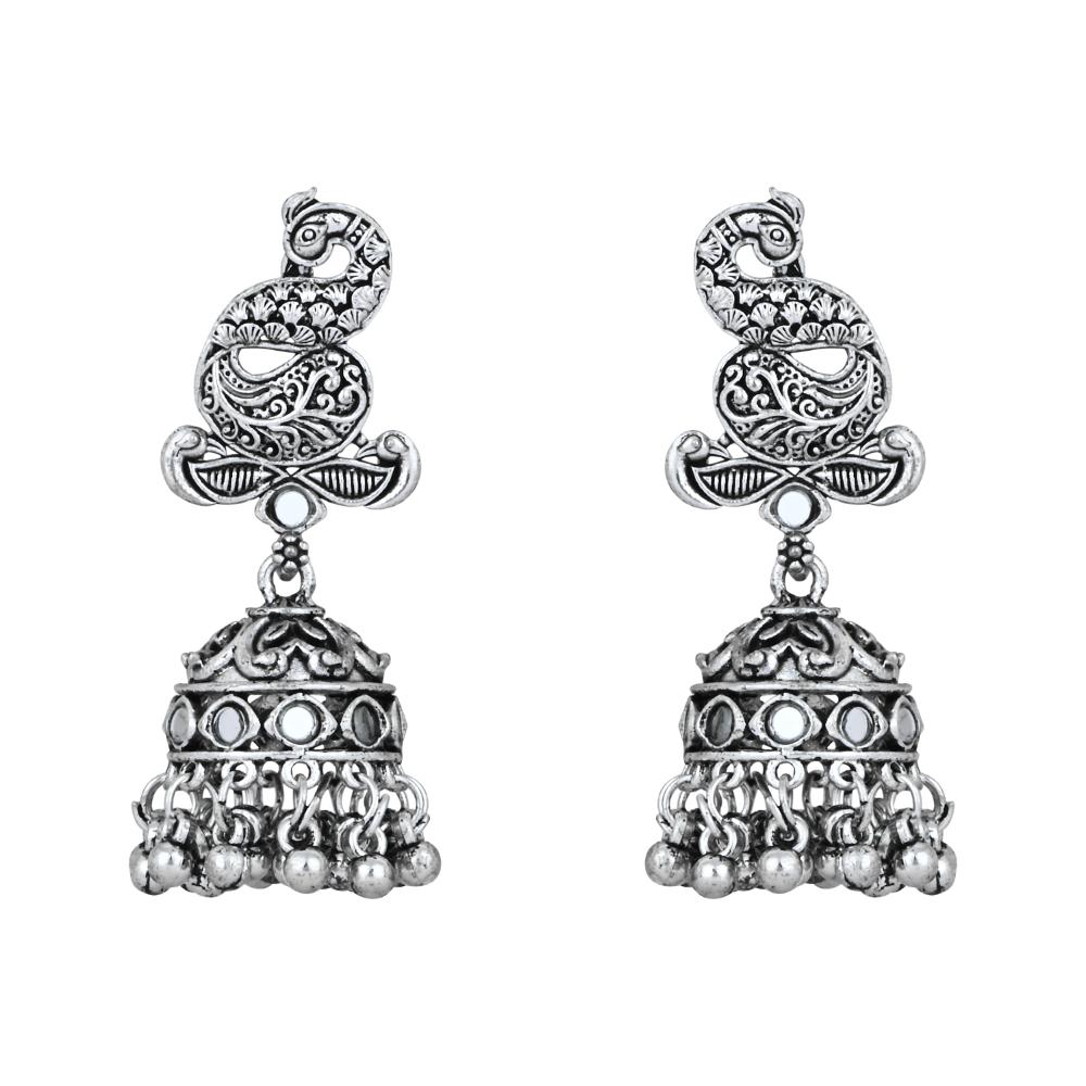 Etnico Silver Oxidised Afghani Mirror Work Choker Necklace & Earrings Set For Women (MC198OX)