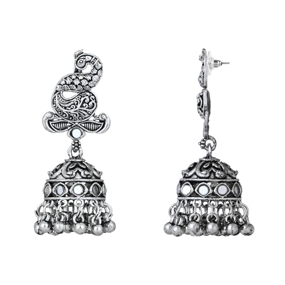 Etnico Silver Oxidised Afghani Mirror Work Choker Necklace & Earrings Set For Women (MC198OX)