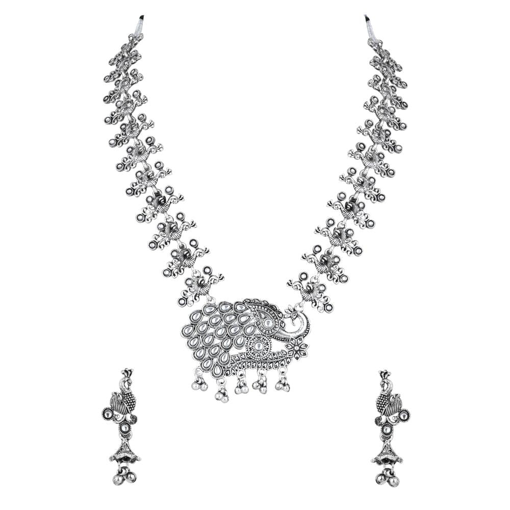 Etnico Silver Oxidised Peacock Design Ghungroo Long Necklace & Earrings Set (MC200OX)