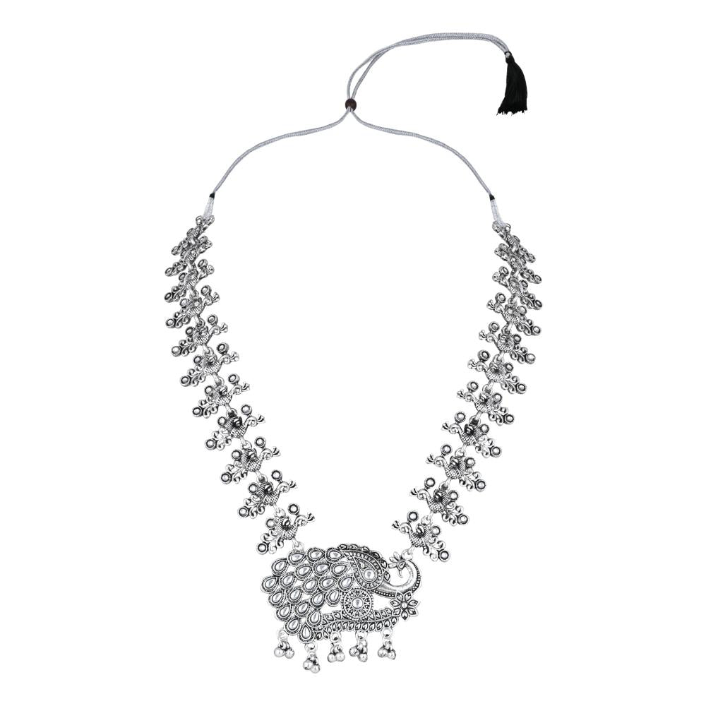 Etnico Silver Oxidised Peacock Design Ghungroo Long Necklace & Earrings Set (MC200OX)