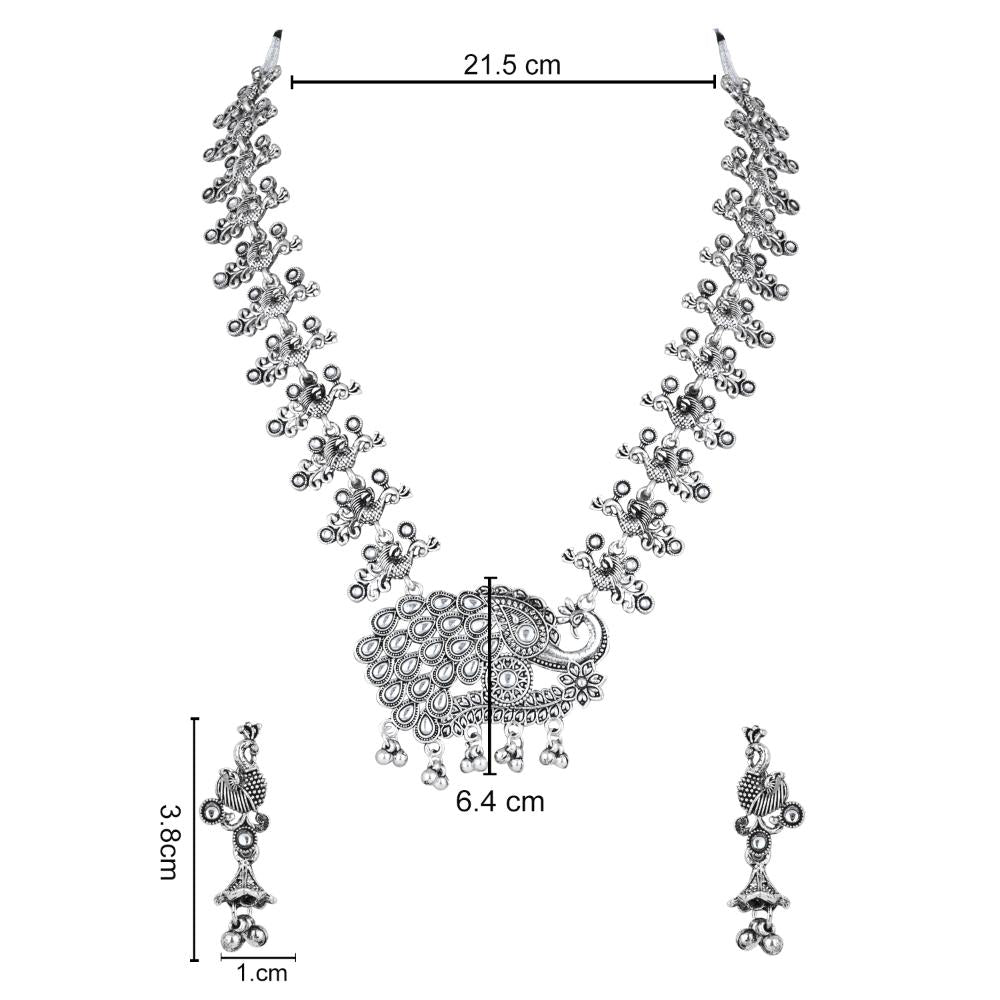 Etnico Silver Oxidised Peacock Design Ghungroo Long Necklace & Earrings Set (MC200OX)