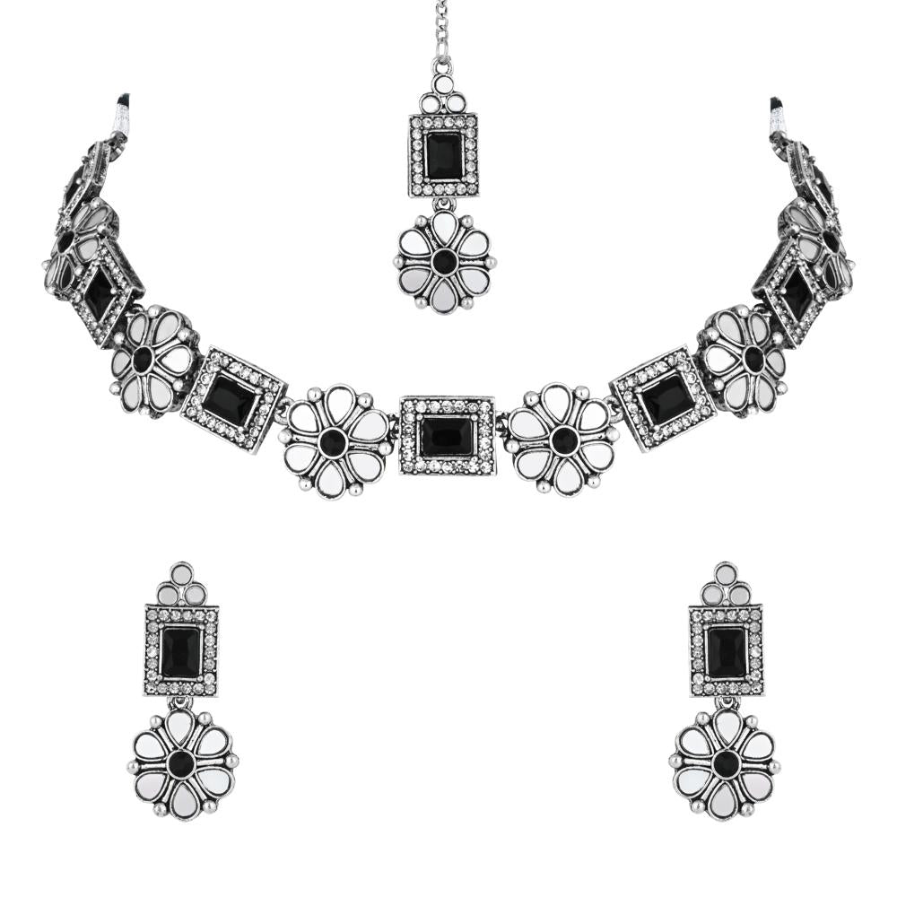 Etnico Silver Oxidised Floral Mirror Work Choker Necklace & Earrings Set For Women (MC201ZB)
