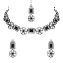 Etnico Silver Oxidised Floral Mirror Work Choker Necklace & Earrings Set For Women (MC201ZB)
