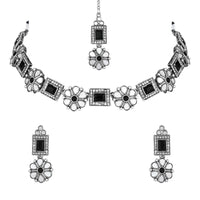 Etnico Silver Oxidised Floral Mirror Work Choker Necklace & Earrings Set For Women (MC201ZB)