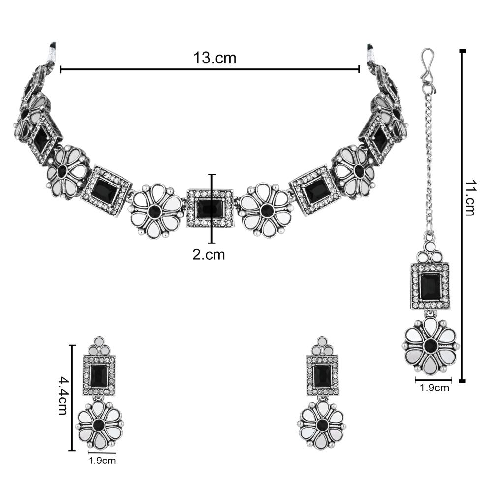 Etnico Silver Oxidised Floral Mirror Work Choker Necklace & Earrings Set For Women (MC201ZB)