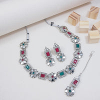 Etnico Silver Oxidised Floral Mirror Work Choker Necklace & Earrings Set For Women (MC201ZMG)