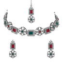 Etnico Silver Oxidised Floral Mirror Work Choker Necklace & Earrings Set For Women (MC201ZMG)