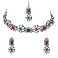 Etnico Silver Oxidised Floral Mirror Work Choker Necklace & Earrings Set For Women (MC201ZMG)