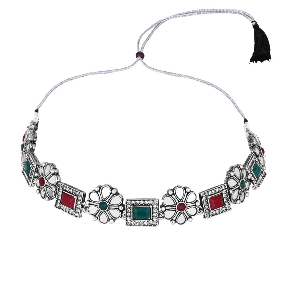 Etnico Silver Oxidised Floral Mirror Work Choker Necklace & Earrings Set For Women (MC201ZMG)